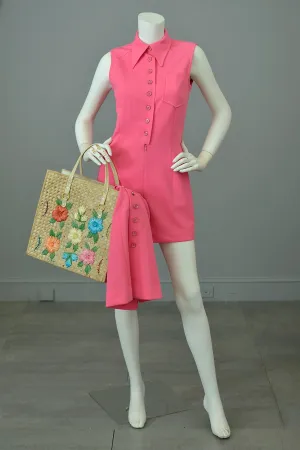 1970s Barbie Hot Pink Romper and Matching Skirt Two Piece Set