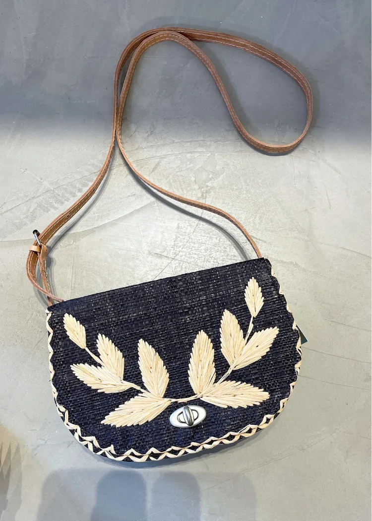 70's Embroidered Vines Straw Crossbody Bag