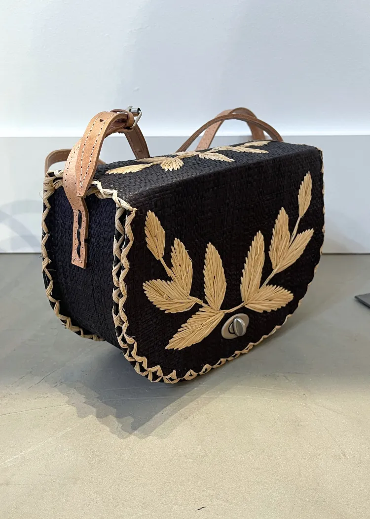 70's Embroidered Vines Straw Crossbody Bag