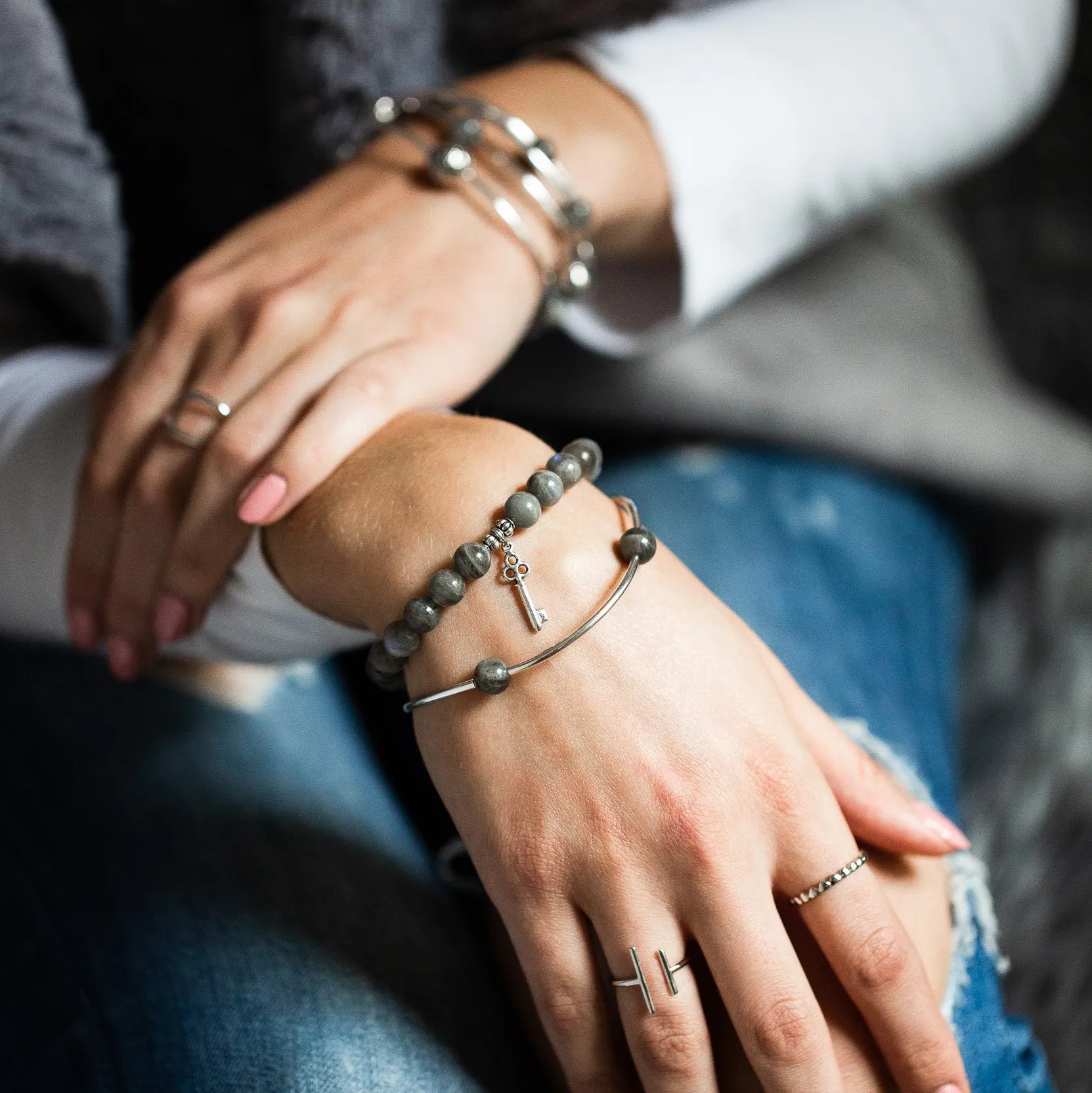 Anchor | Stone Beaded Charm Bracelet | Labradorite