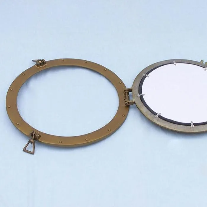 Antique Brass Porthole Mirror with Deluxe Nautical Design - 24 Inch