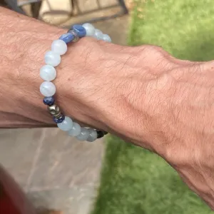 Aquamarine, labradorite, blue sapphires, pyrite skull, and kyanite gemstone bracelet