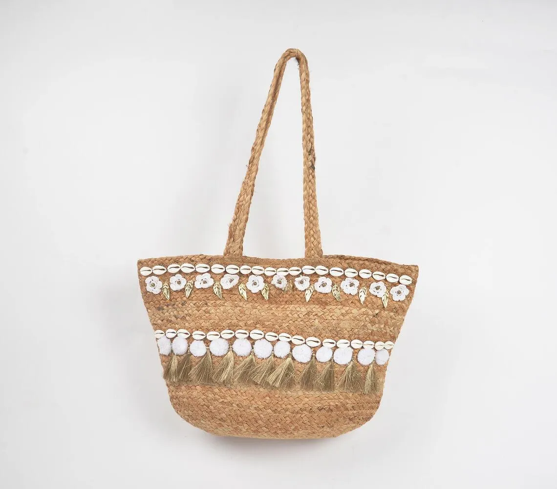 Beachy Shells & Tassels Jute Boho Tote Bag