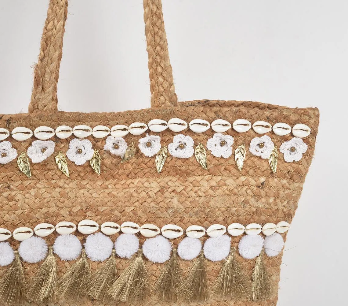 Beachy Shells & Tassels Jute Boho Tote Bag