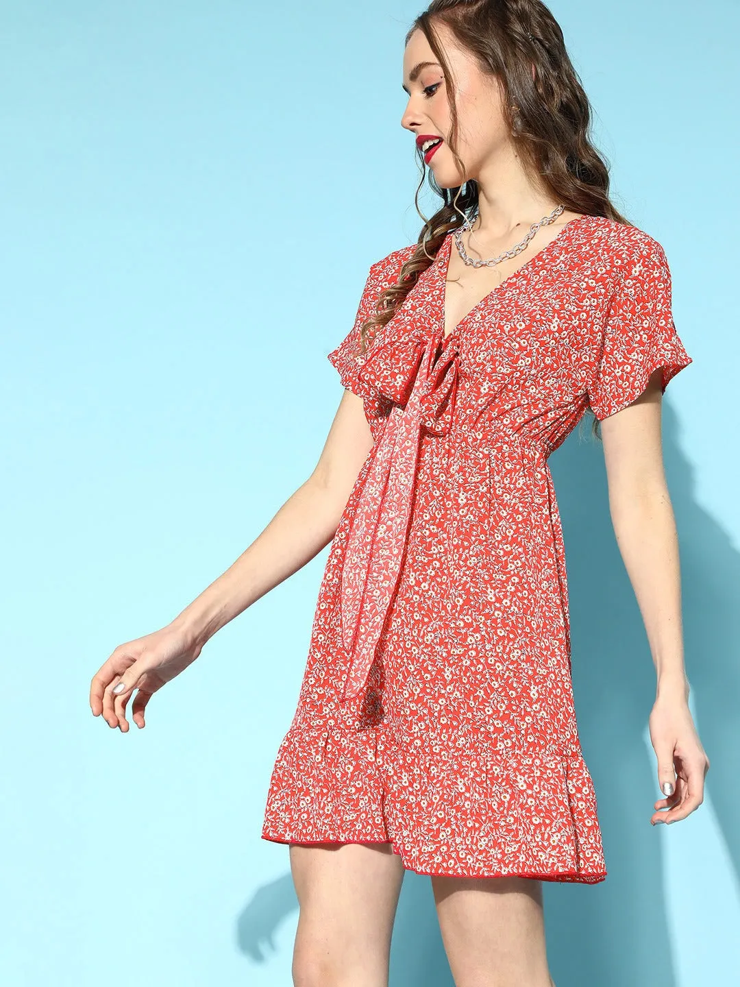 Berrylush Women Red & White Floral Printed V-Neck Front Tie-Up Crepe Flounce Hem A-Line Mini Dress