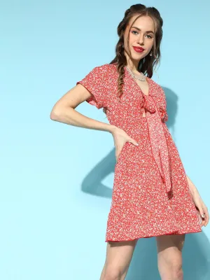 Berrylush Women Red & White Floral Printed V-Neck Front Tie-Up Crepe Flounce Hem A-Line Mini Dress