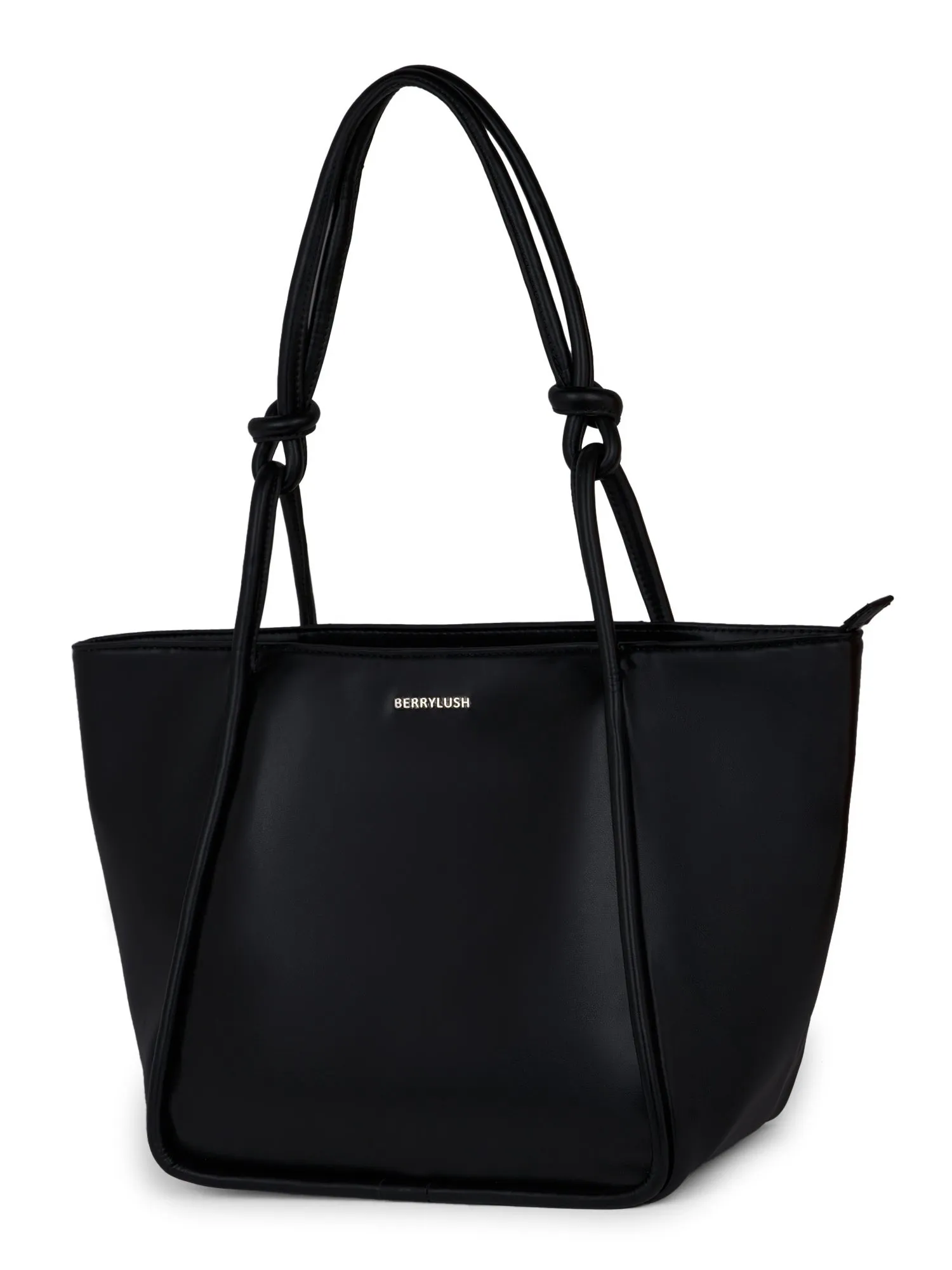 Berrylush Women Solid Black Synthetic Leather Zipper-Up Knot Oversized Tote Bag