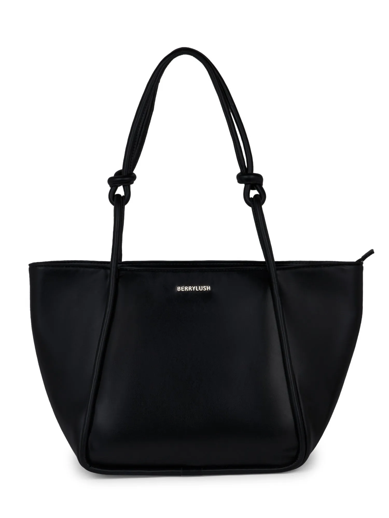 Berrylush Women Solid Black Synthetic Leather Zipper-Up Knot Oversized Tote Bag