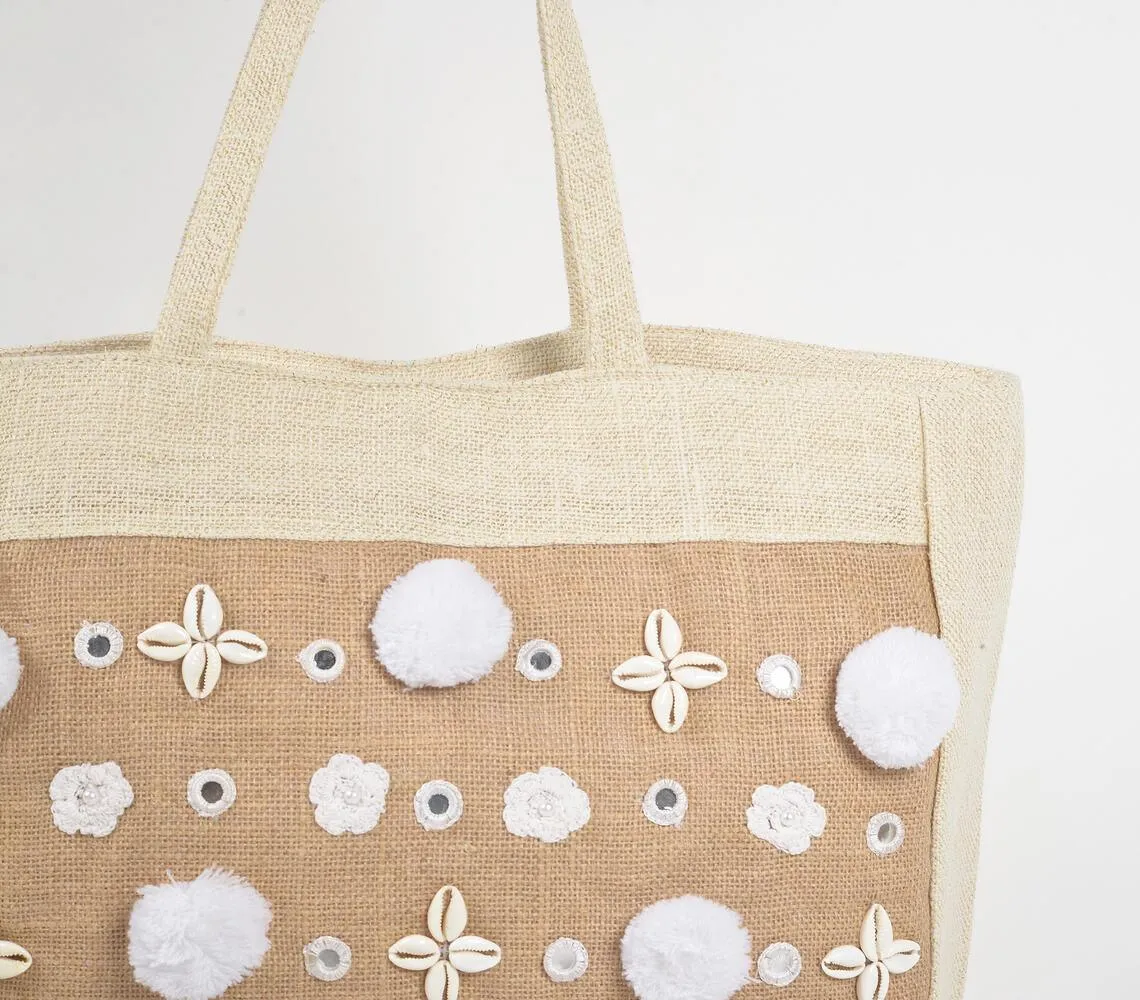 Bohemian Shells & Pom-poms Jute Tote Bag