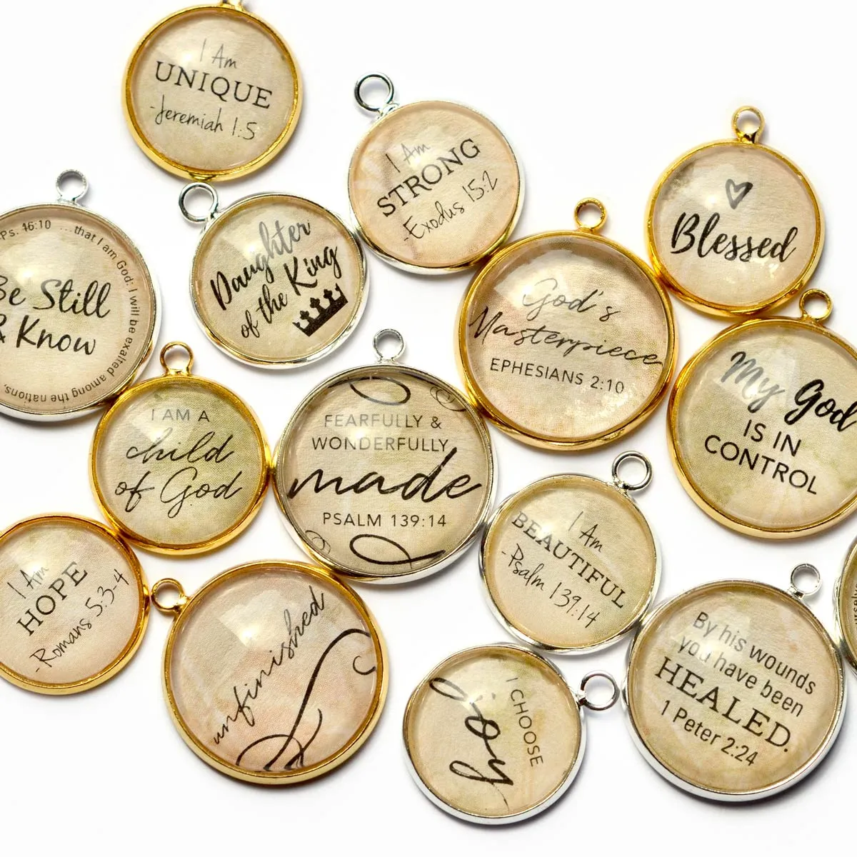 By His Wounds You Have Been Healed 1 Peter 2:24 Scripture Charms for Jewelry Making,  16 or 20mm, Silver, Gold