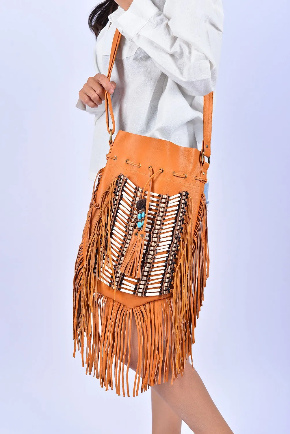 CAMEL Large Size Boho Leather Bag with Fringes and Bone Choker.