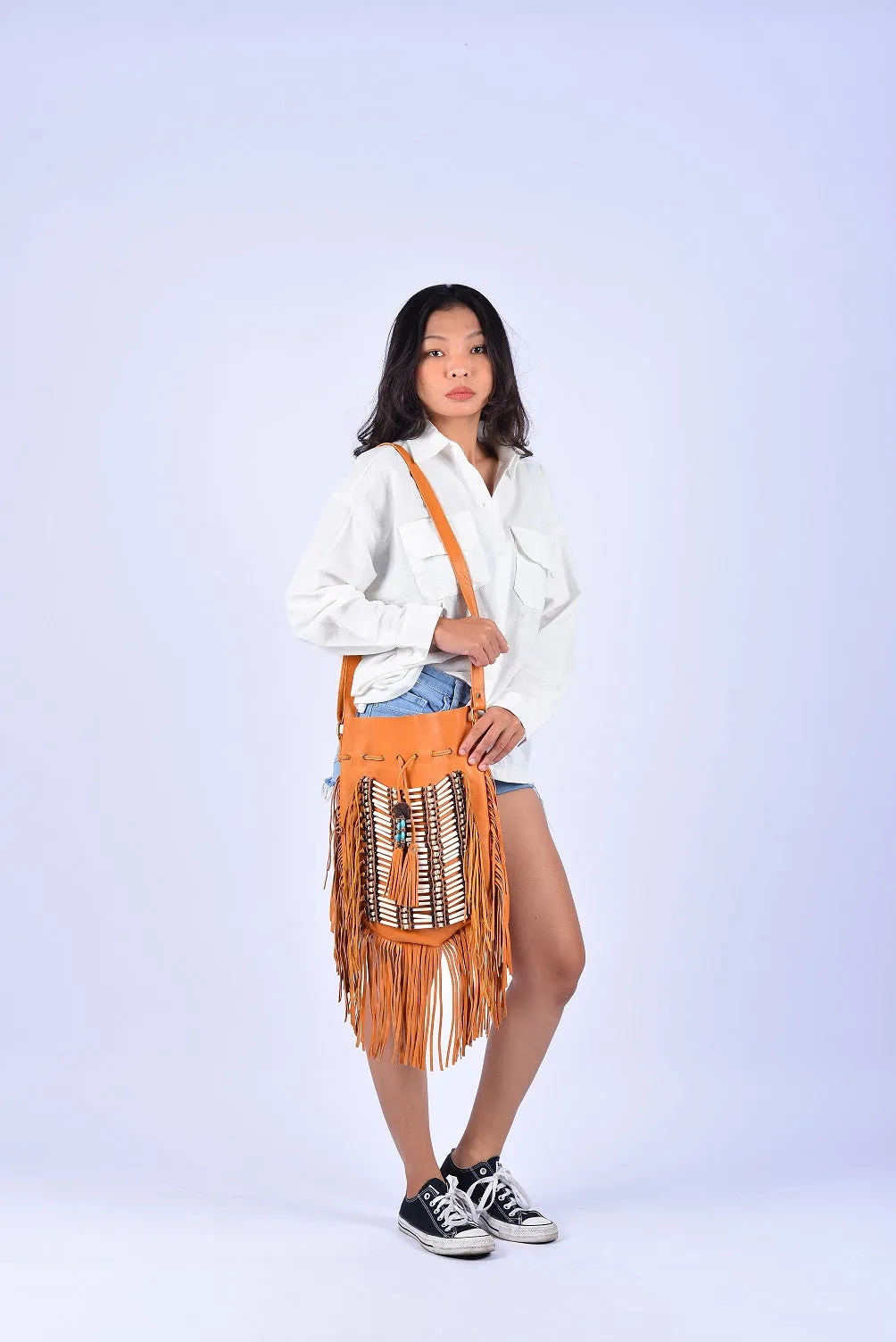 CAMEL Large Size Boho Leather Bag with Fringes and Bone Choker.