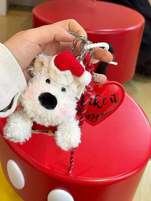 Christmas cute West Highland Scribbled puppy plush vintage bag pendant keychain accessory doll gift