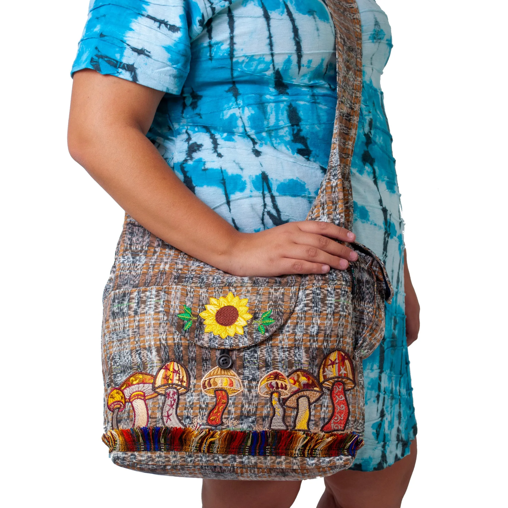 Embroidered Mushroom and Sunflower Shoulder Bag