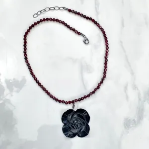 Faceted Garnets with Black Rose Jade Pendant and Oxidized Sterling Silver