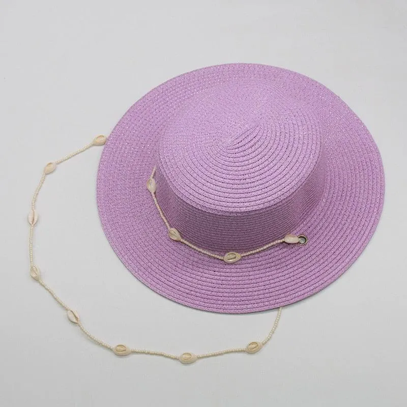 Fashion shell Chain Beach Hat, Summer Flat White Sun Hats Necklace Straps Hat