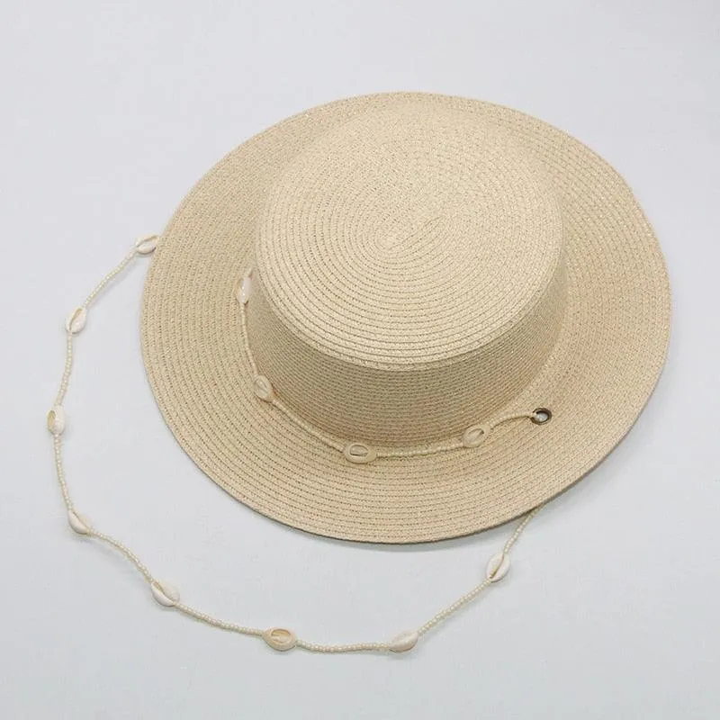 Fashion shell Chain Beach Hat, Summer Flat White Sun Hats Necklace Straps Hat