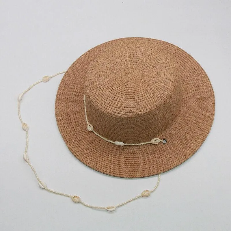 Fashion shell Chain Beach Hat, Summer Flat White Sun Hats Necklace Straps Hat