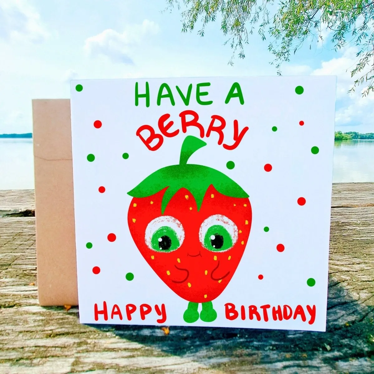 Funny Birthday Card, Strawberry Bday Card for Kids, Have a Berry Happy Birthday Postcard for her for him, Cute Fruit Party Card