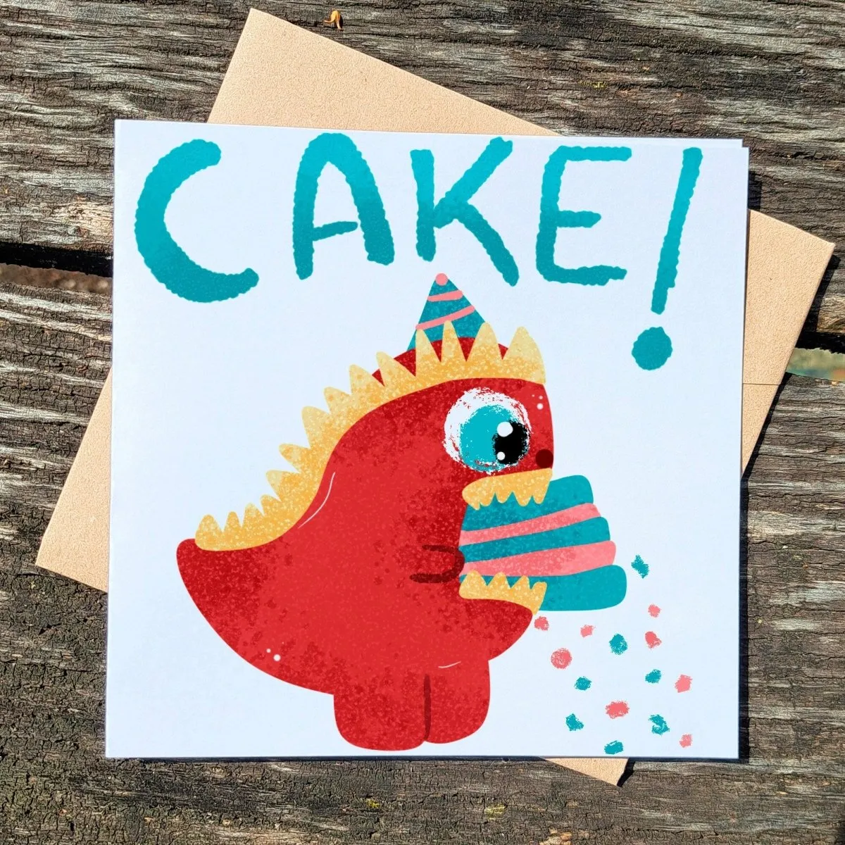 Funny Dinosaur Eating Cake Card, Cute Dino Greeting, Humorous Birthday, Celebration, Just Because, Cute Gift Birthday Children, Printed