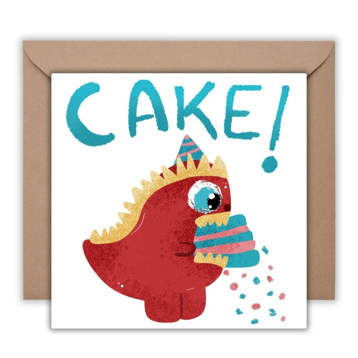 Funny Dinosaur Eating Cake Card, Cute Dino Greeting, Humorous Birthday, Celebration, Just Because, Cute Gift Birthday Children, Printed