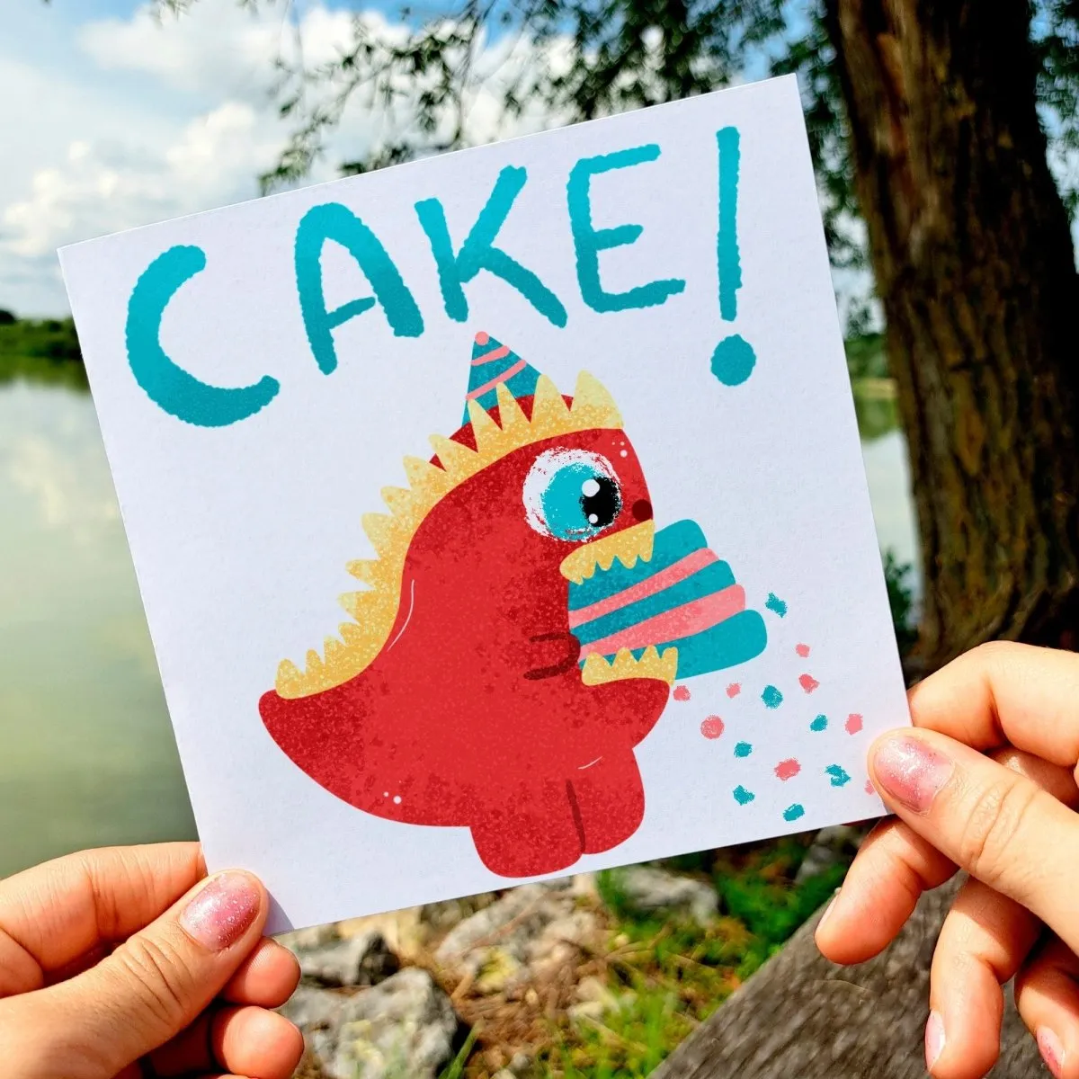 Funny Dinosaur Eating Cake Card, Cute Dino Greeting, Humorous Birthday, Celebration, Just Because, Cute Gift Birthday Children, Printed