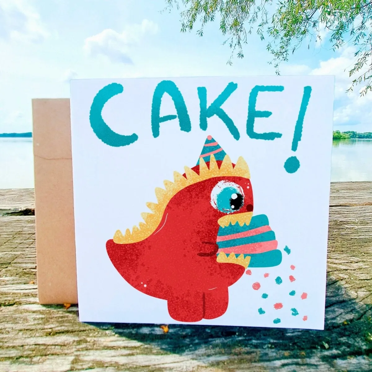 Funny Dinosaur Eating Cake Card, Cute Dino Greeting, Humorous Birthday, Celebration, Just Because, Cute Gift Birthday Children, Printed