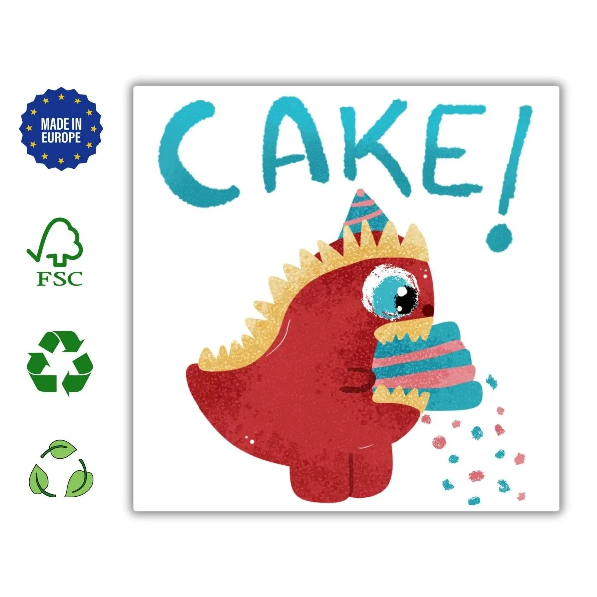 Funny Dinosaur Eating Cake Card, Cute Dino Greeting, Humorous Birthday, Celebration, Just Because, Cute Gift Birthday Children, Printed