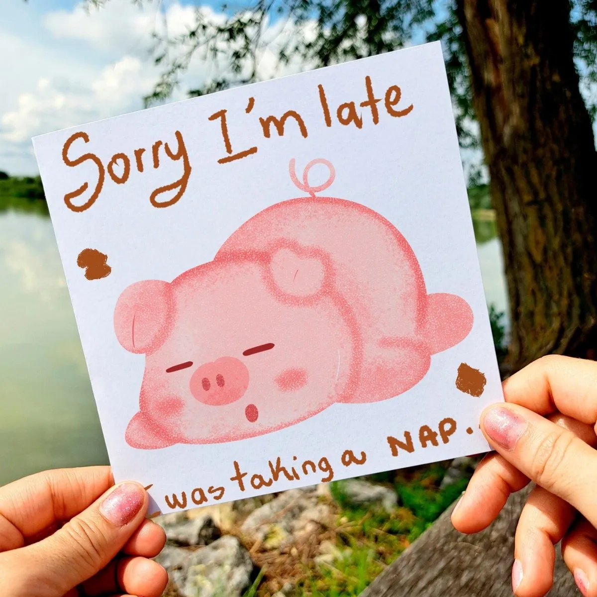 Funny Sleeping Pig Card Sorry I&#39;m Late, I Was Taking a Nap, Humorous Birthday, Friends, and Just Because, Cute Stationery Gift Idea