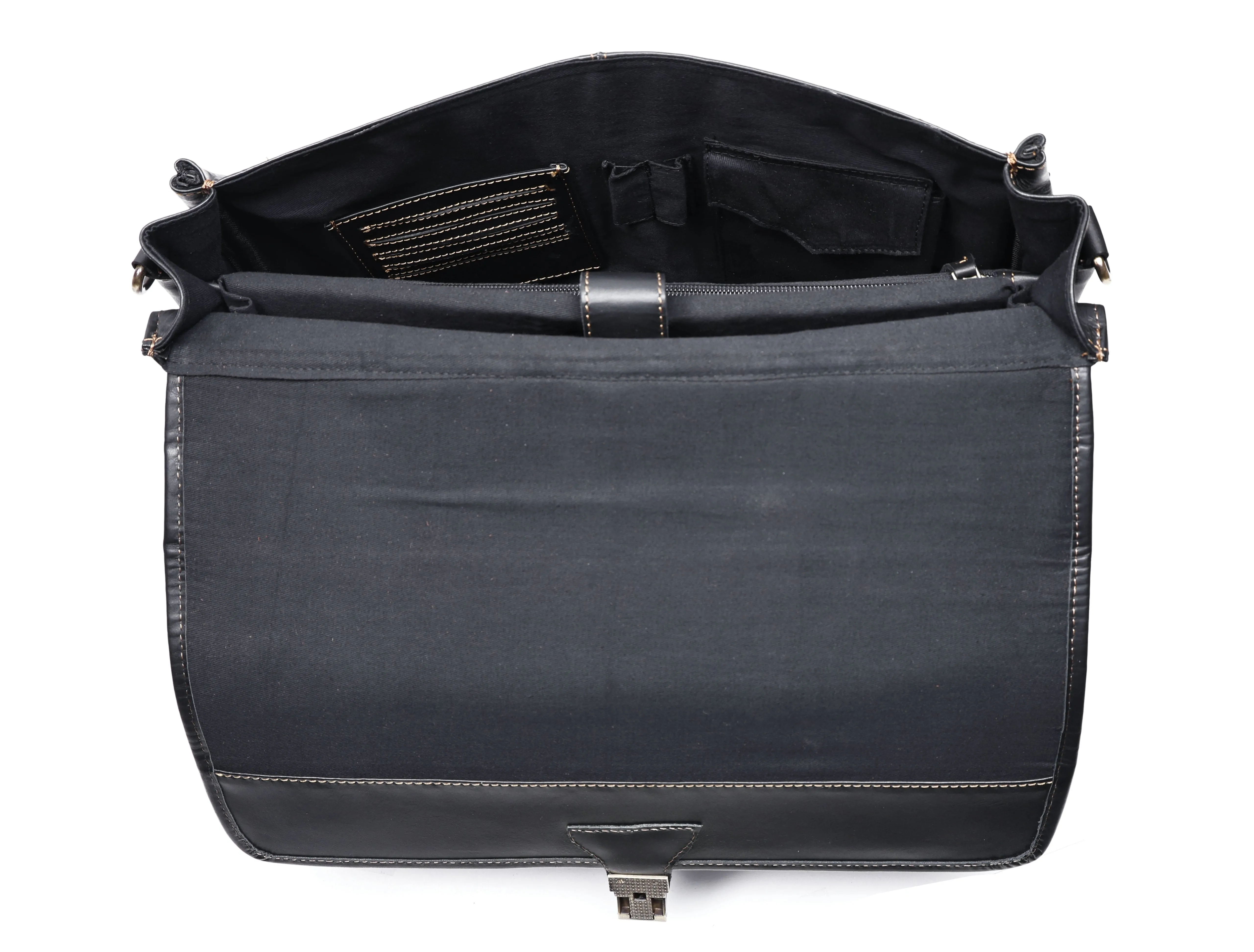 Handcrafted Black Laptop Bag: Brush Antique Fittings, Tan Stitching, and Unmatched Sophistication, Art: BG-1700