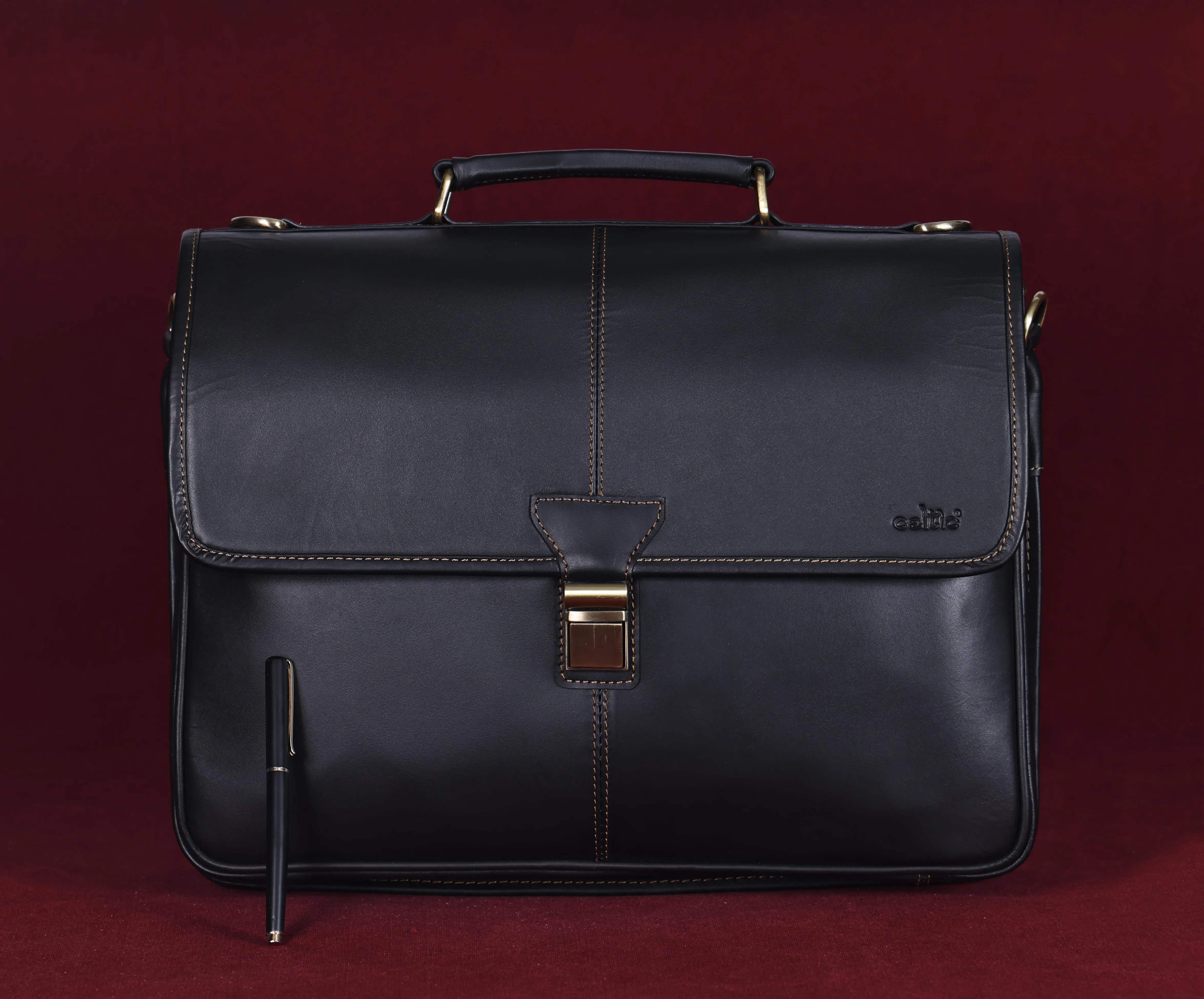 Handcrafted Black Laptop Bag: Brush Antique Fittings, Tan Stitching, and Unmatched Sophistication, Art: BG-1700