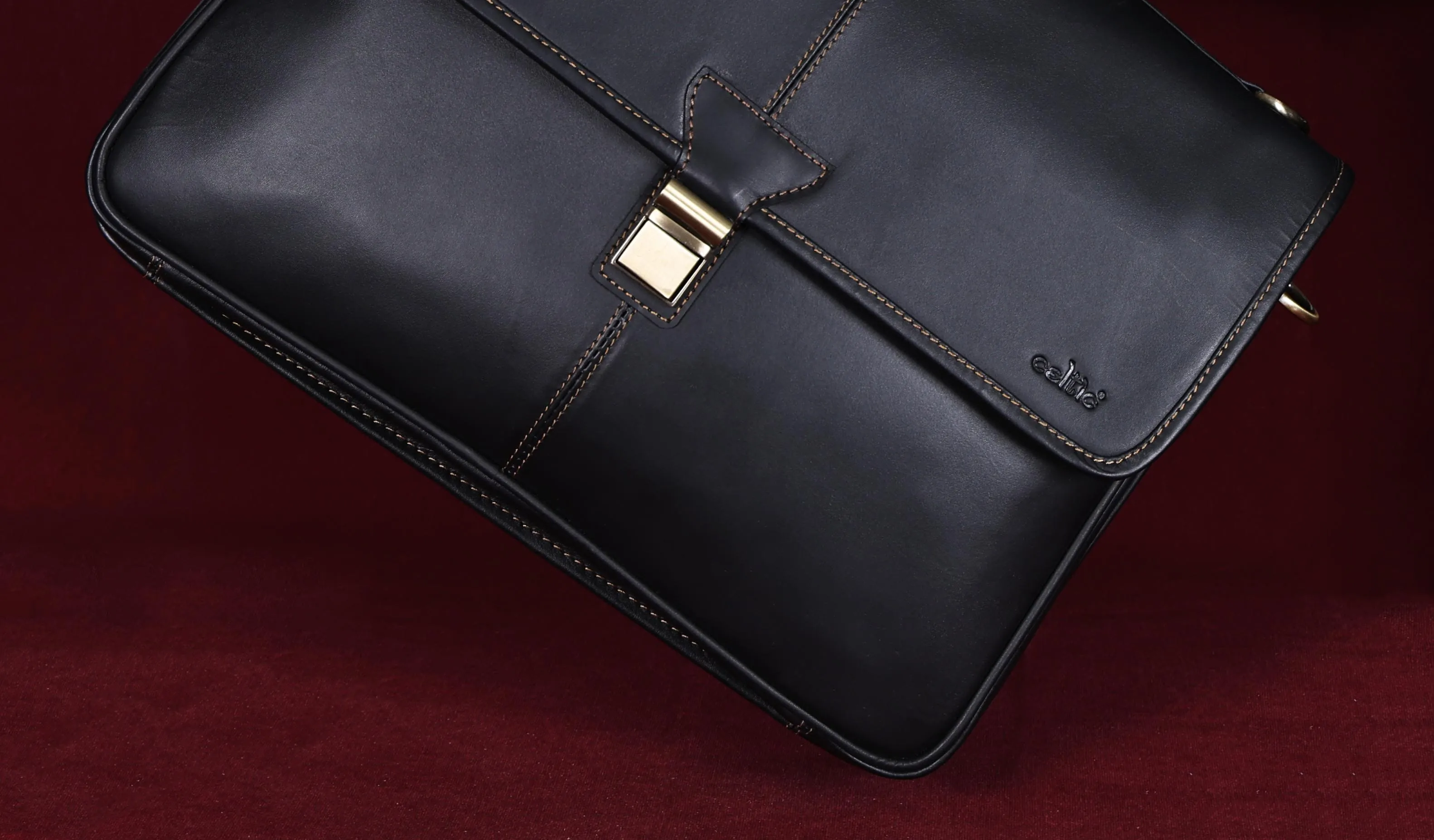 Handcrafted Black Laptop Bag: Brush Antique Fittings, Tan Stitching, and Unmatched Sophistication, Art: BG-1700