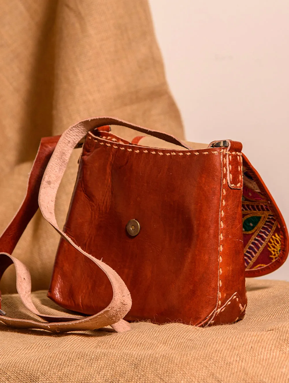 Handcrafted Jawaja Leather Bag with Hand Embroidered Patch