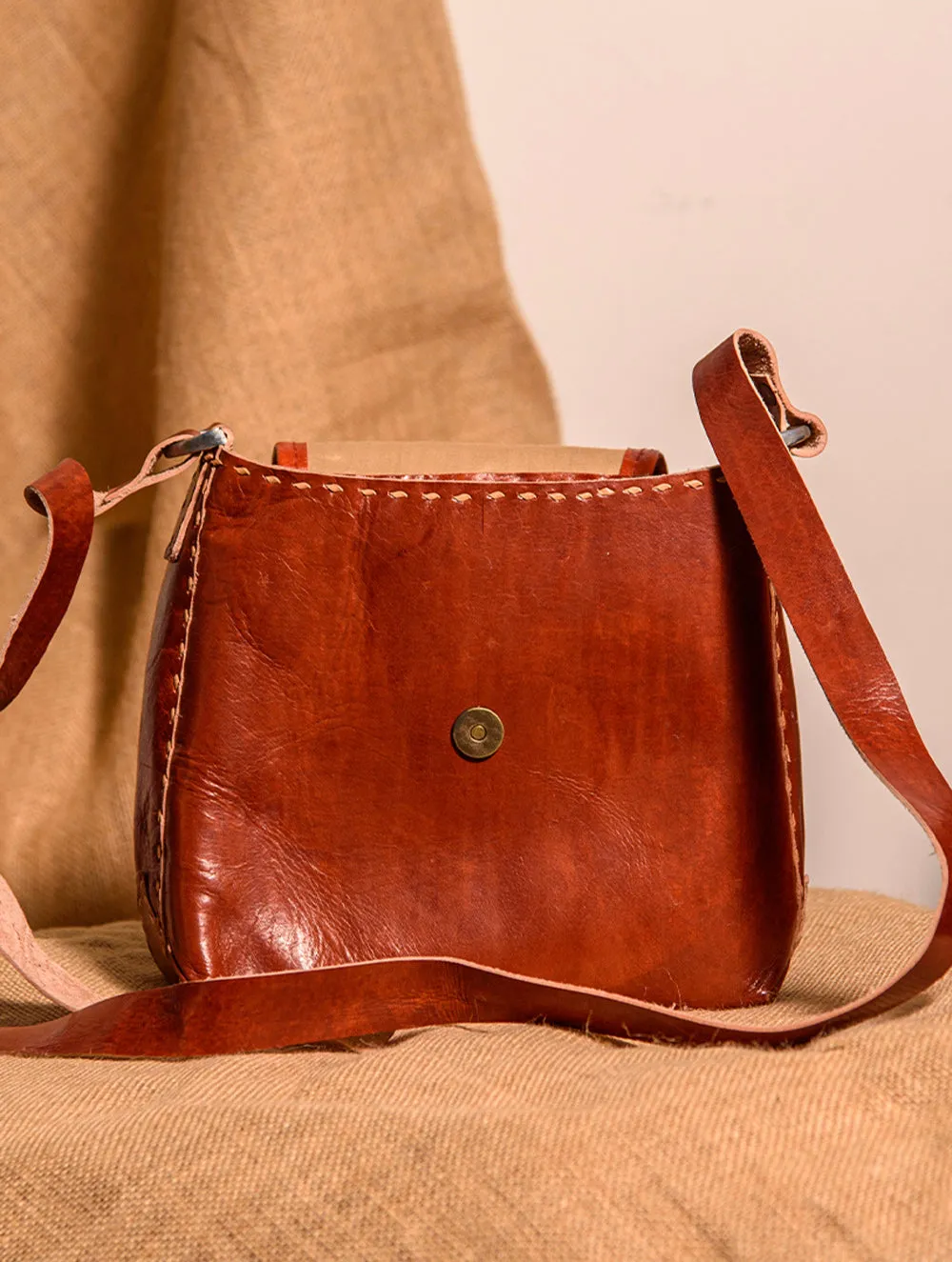 Handcrafted Jawaja Leather Bag with Hand Embroidered Patch