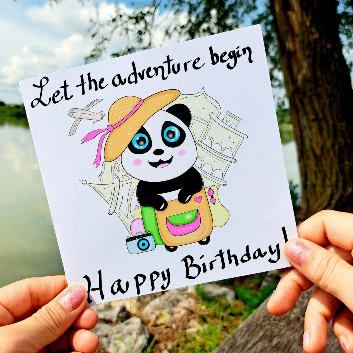 Happy Birthday Adventure Card, Greeting Card, Funny Panda Card, Love Trips Bday Postcard, Outdoor Cards, Couple Forest Card