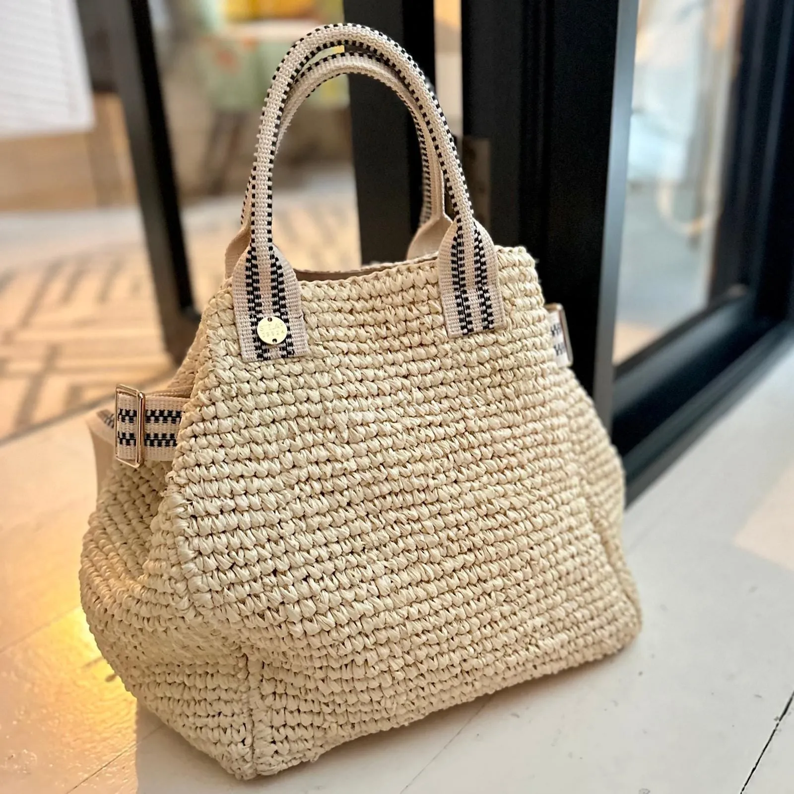 Kaba Raffia Vegan Tote Bag | Black & Cream