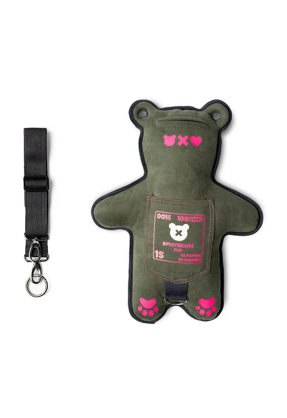 Khaki Twill | Neon Pink | White Reflective Heart Edition Bear Bag