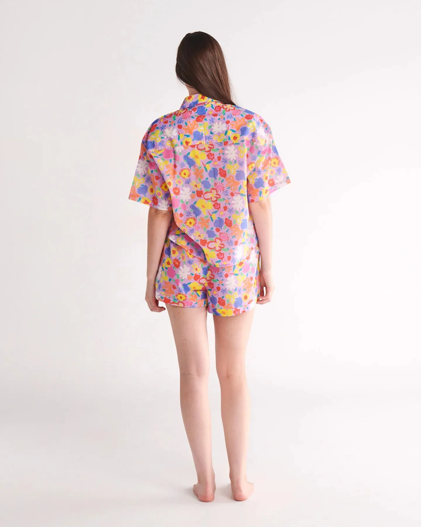 Kip & Co x Ken Done Summer Floral Lilac Organic Cotton Short Sleeve Shirt & Short Pyjama Set