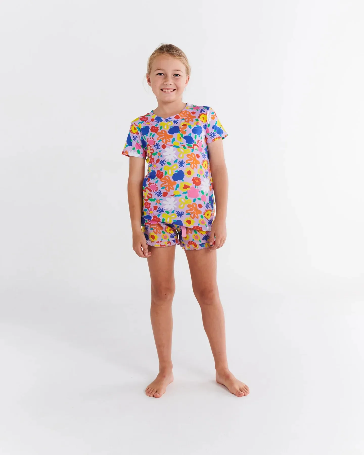 Kip & Co x Ken Done Summer Floral Lilac Organic Cotton Short Sleeve Tee & Frill Short Pyjama Set