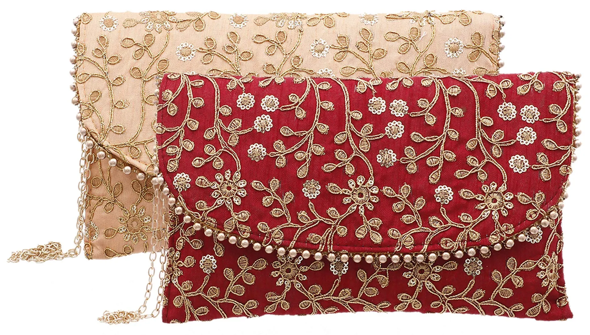 Kuber Industries Handcrafted Embroidered Clutch Bag Purse Handbag for Bridal, Casual, Party, Wedding (Maroon and Peach) - CTKTC034524-2 Pieces