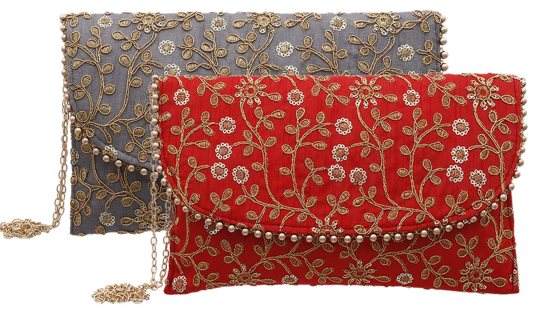 Kuber Industries Handcrafted Embroidered Clutch Bag Purse Handbag for Bridal, Casual, Party, Wedding (Red and Grey) - CTKTC034531-2 Pieces