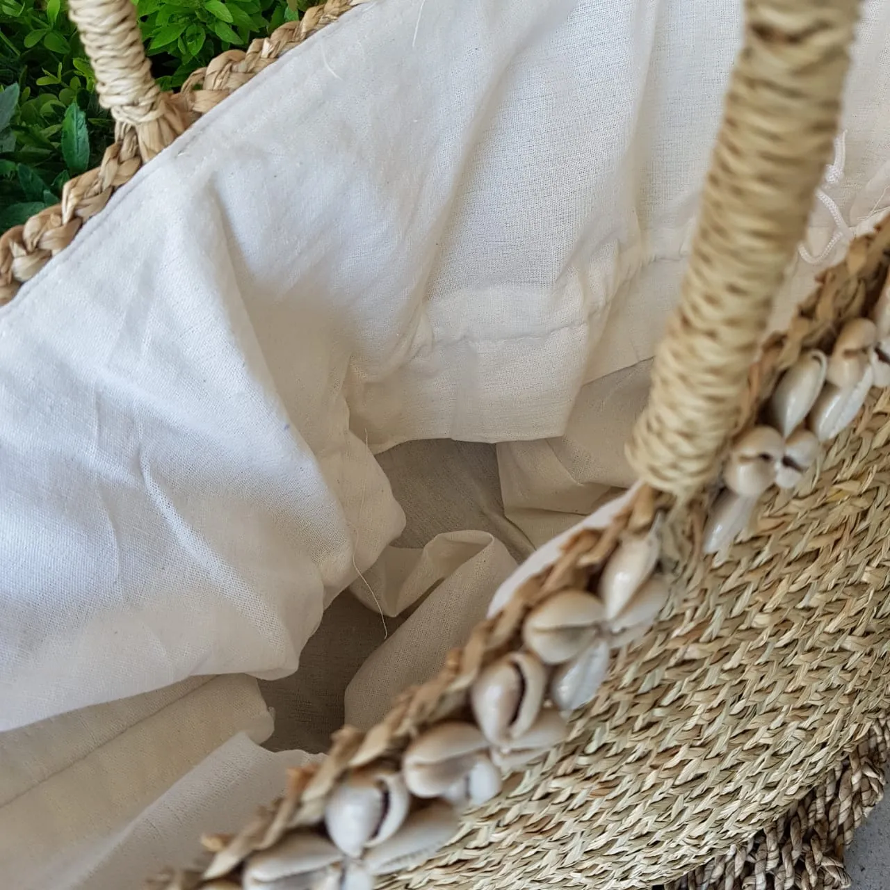 Large Natural Straw Grass Beach Bag With Shells