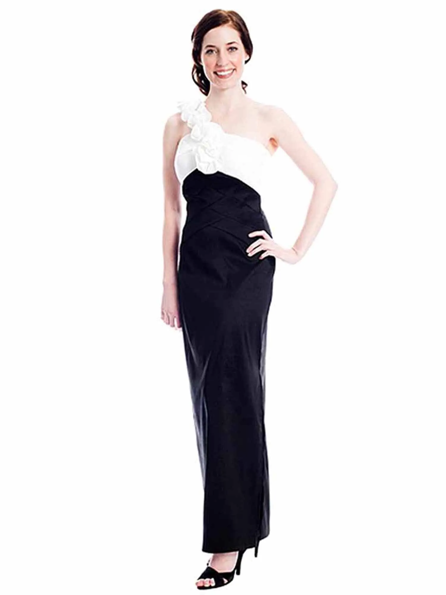 Long Elegant Taffeta Gown With Rosette Shoulder