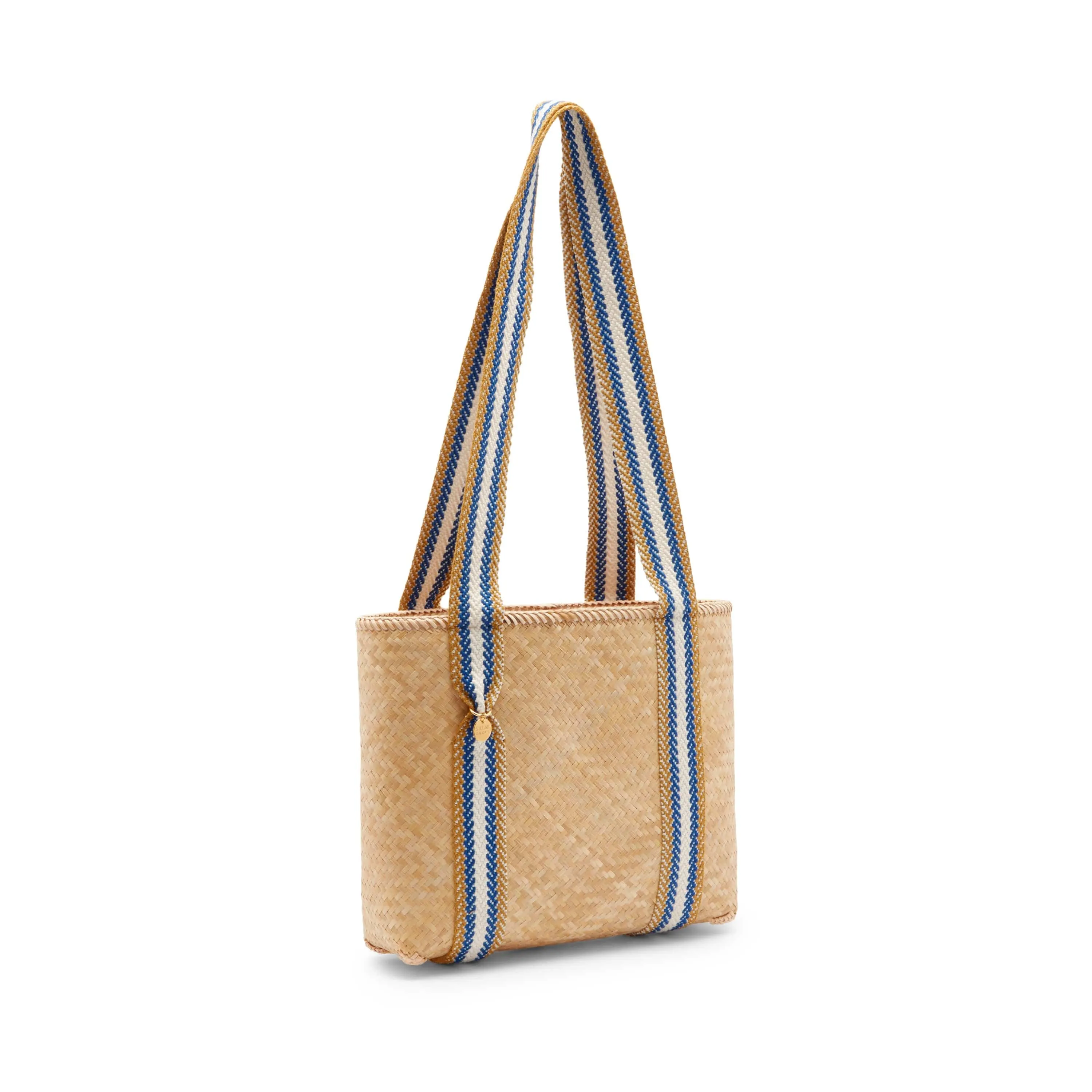 Mentawai Handwoven Bamboo Vegan Small Tote Bag | Natural & Blue Stripe