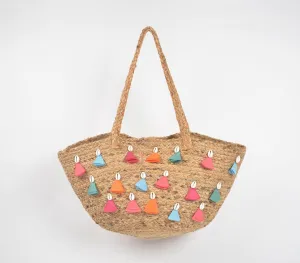 Multicolor Tassels & Shells Jute Tote bag