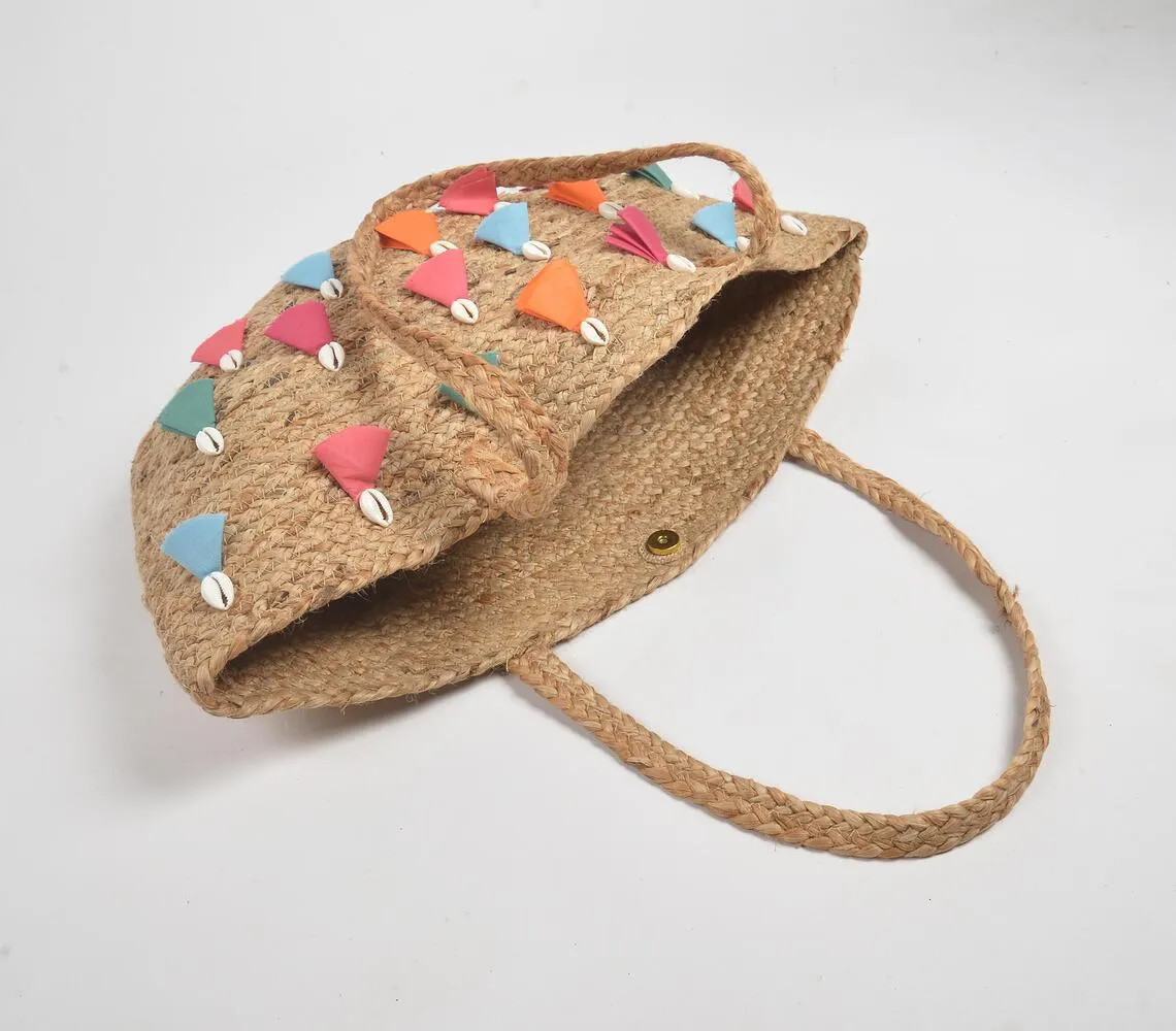 Multicolor Tassels & Shells Jute Tote bag