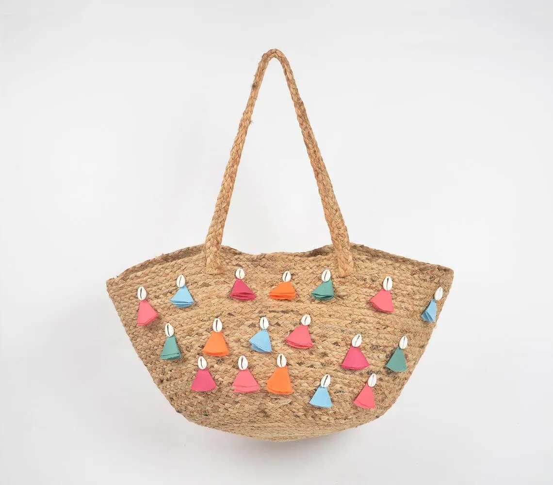 Multicolor Tassels & Shells Jute Tote bag