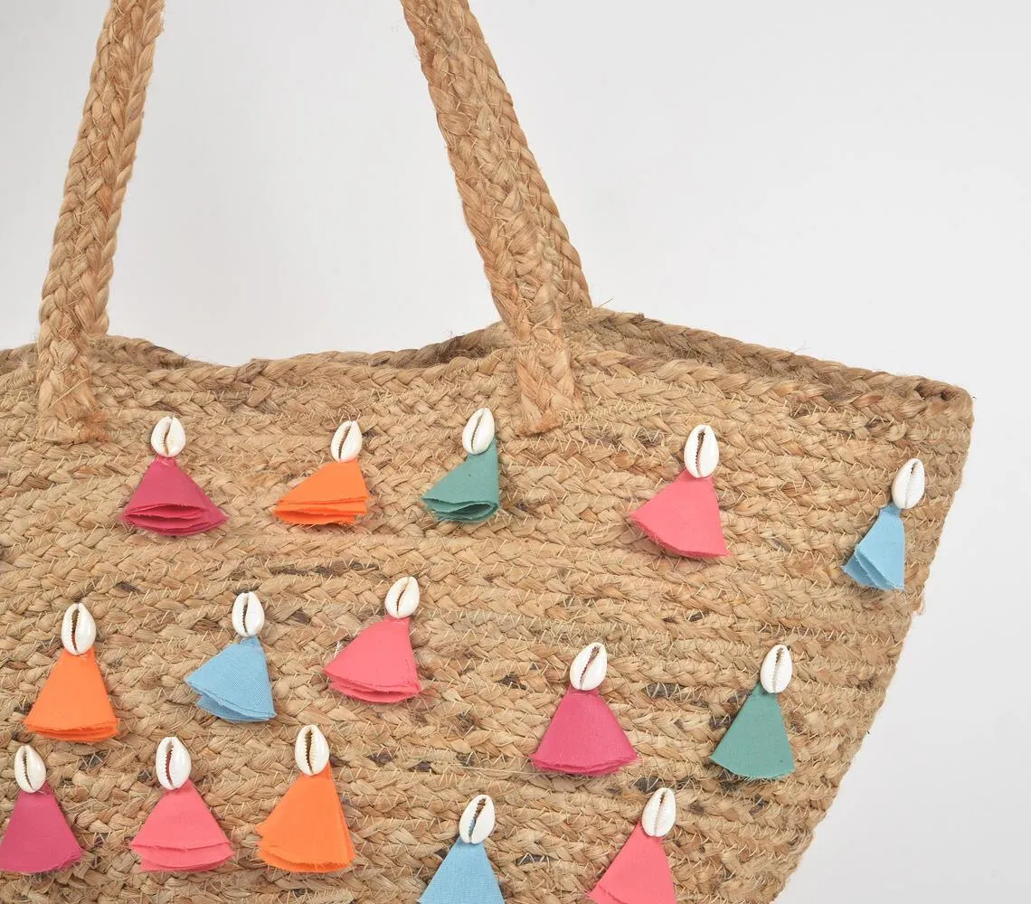 Multicolor Tassels & Shells Jute Tote bag