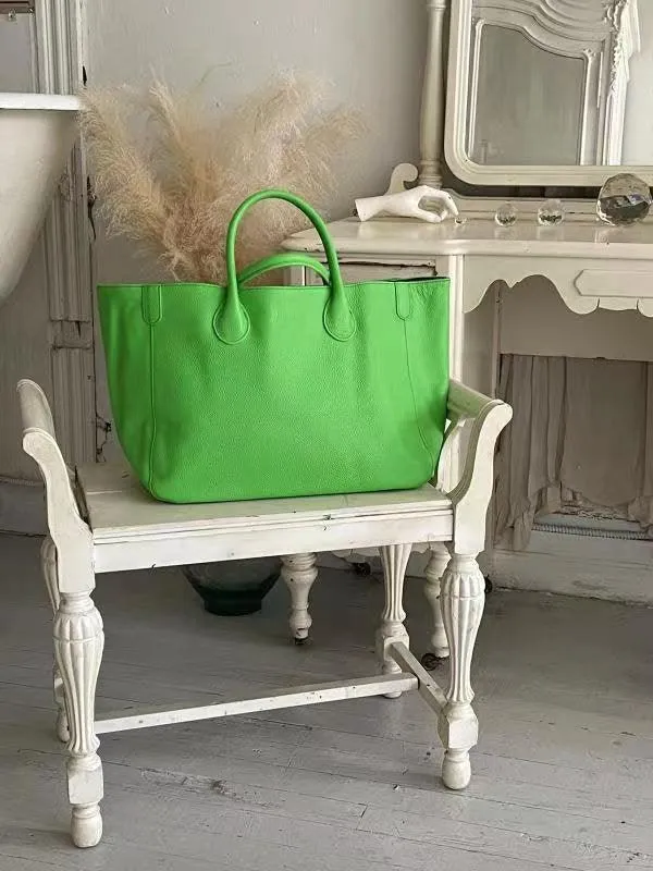 Neon Green Large Leather Tote Bag, Cowhide Leather Bag, Lady Fashion Bag Green, Leather Weekend Bag, Women Carry Out Bag, Gifts For Her