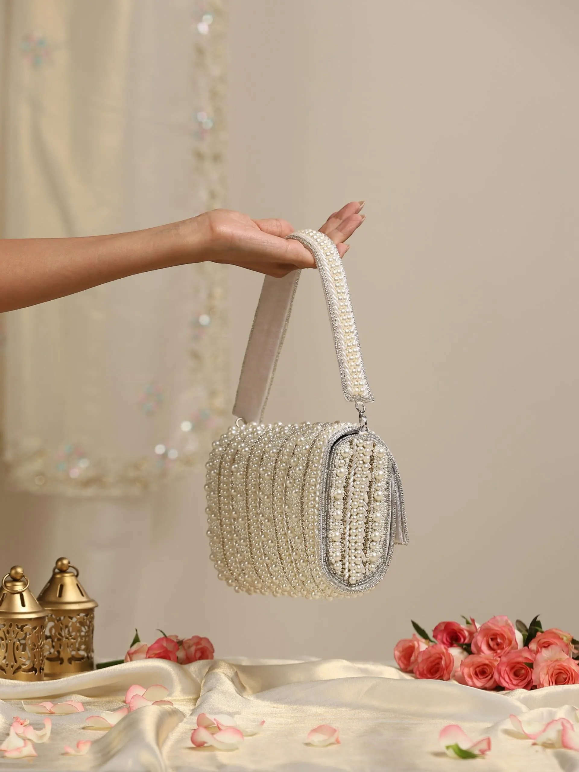 Pearl Silver Beaded Clutch Bag